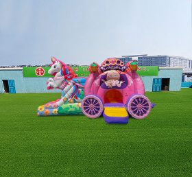 T2-4421 Castelo inflável de carruagem de princesa unicórnio e slide