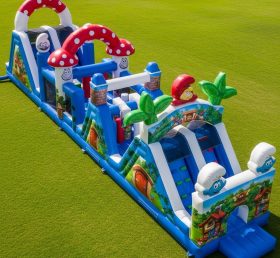 T7-4422 Curso de Obstáculos Inflável com Tema dos Smurfs