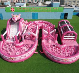CR2-748 Pista de Obstáculos Inflável Gigante com Tema Pantera Cor-de-Rosa Corrida Desafiadora