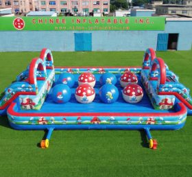 T11-4751Y Curso de Obstáculos Inflável Duplo Wipeout de Bolas Gigantes com Tema dos Smurfs