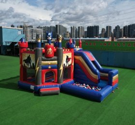 T2-8840 Castelo Inflável com Tema de Super-herói com Escorrega e Piscina