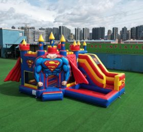 T2-8841 Castelo Inflável com Tema do Superman com Escorrega e Piscina