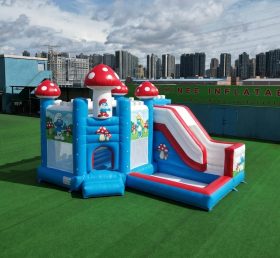 T2-8848 Castelo Insuflável dos Smurfs com Escorrega e Piscina